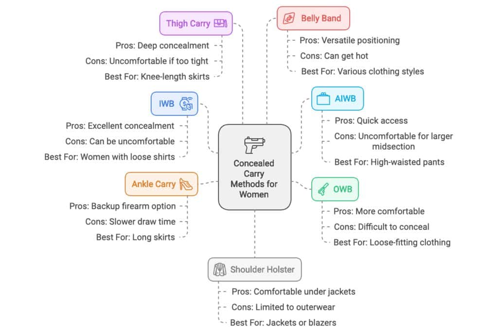 Infographic of concealed carry methods for women with pros and cons.