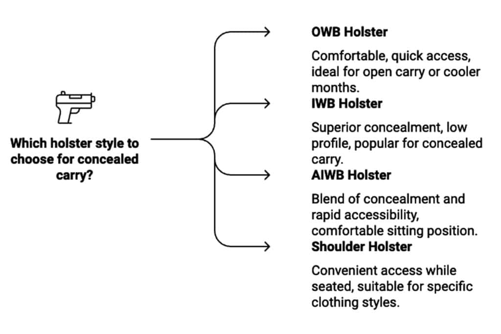 Comparison guide for concealed carry holster styles: OWB, IWB, AIWB, and Shoulder Holster.